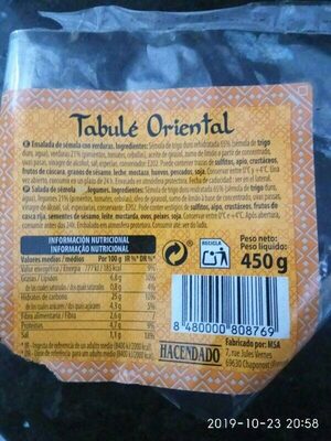 Tabulé oriental ingredients label