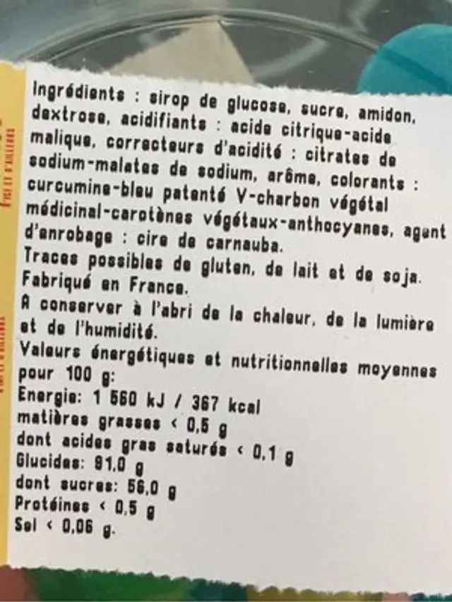 Dragibus soft ingredients label