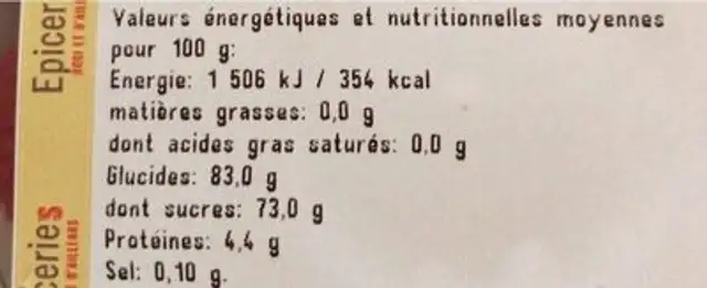 Mûre perlée nutrition facts table