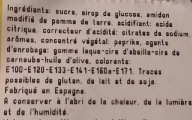 Oeufs confiserie gélifiée ingredients label