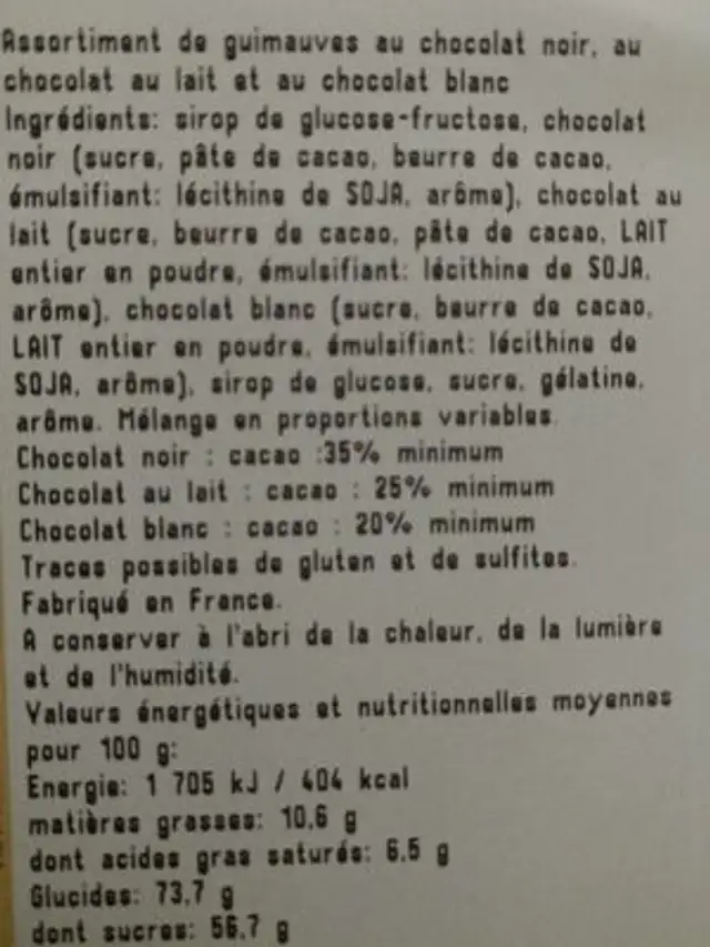Guimauves lait / blanc / noir ingredients label