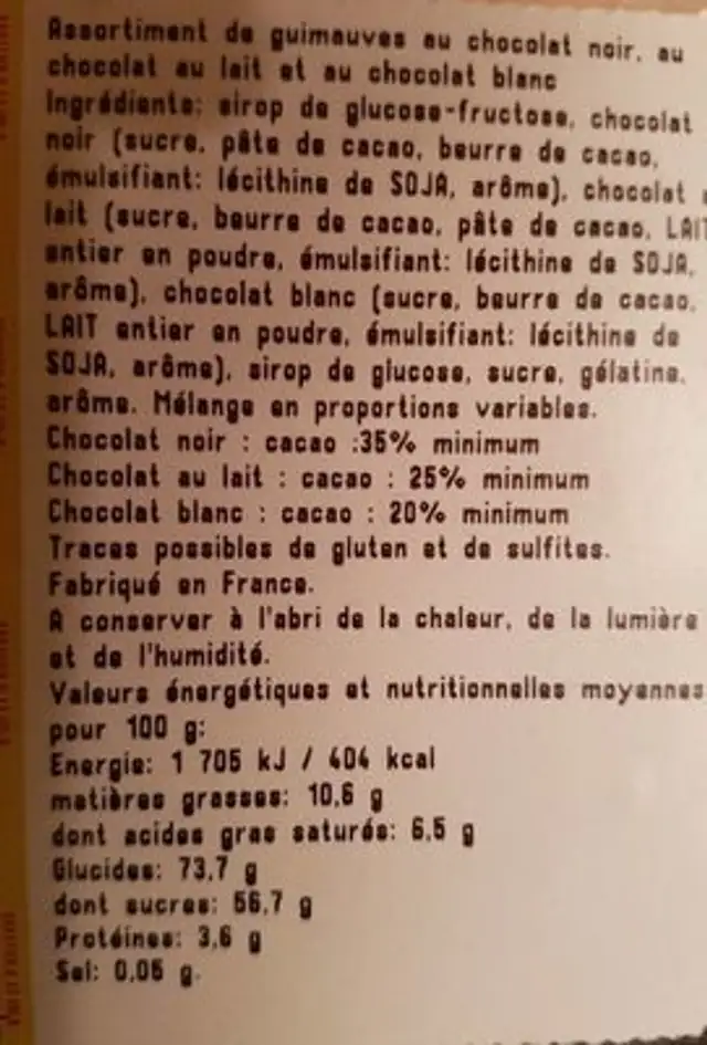 Guimauve lait blanc noir ingredients label