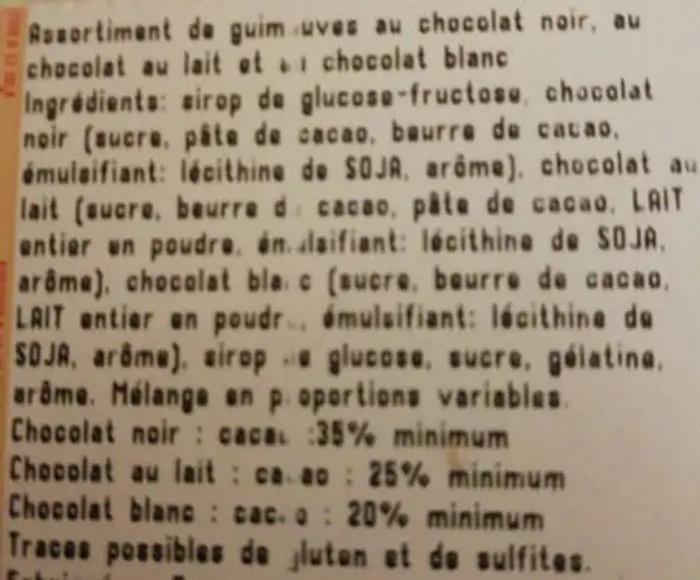 Assortiment de guimauves au chocolat noir, blanc et lait ingredients label
