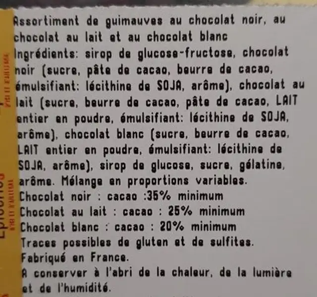 Assortiment de guimauves au chocolat ingredients label
