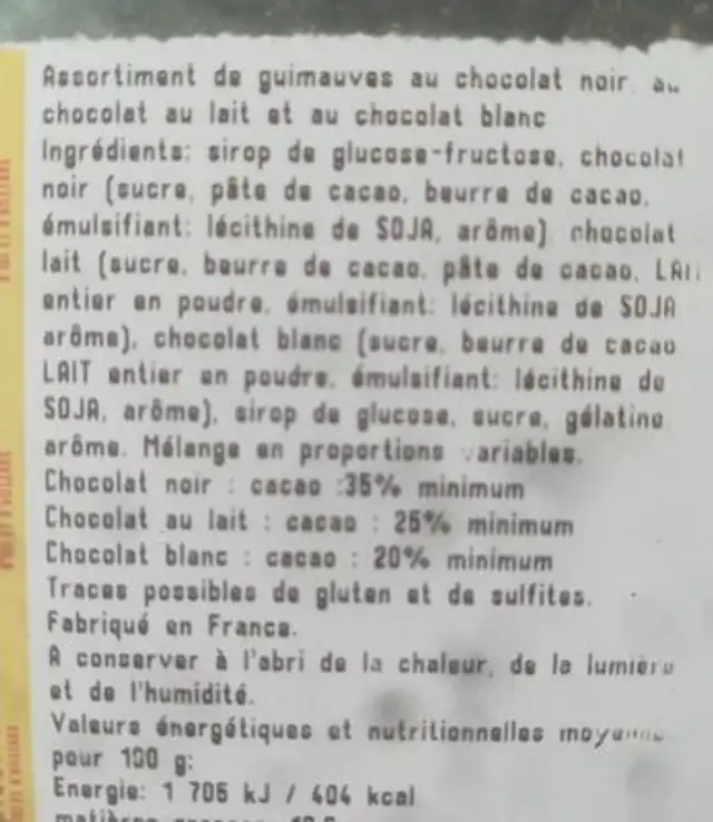 Guimauve lait blanc noir ingredients label