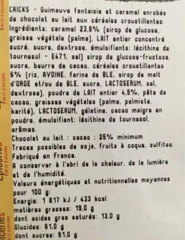 Guimauve cricks ingredients label
