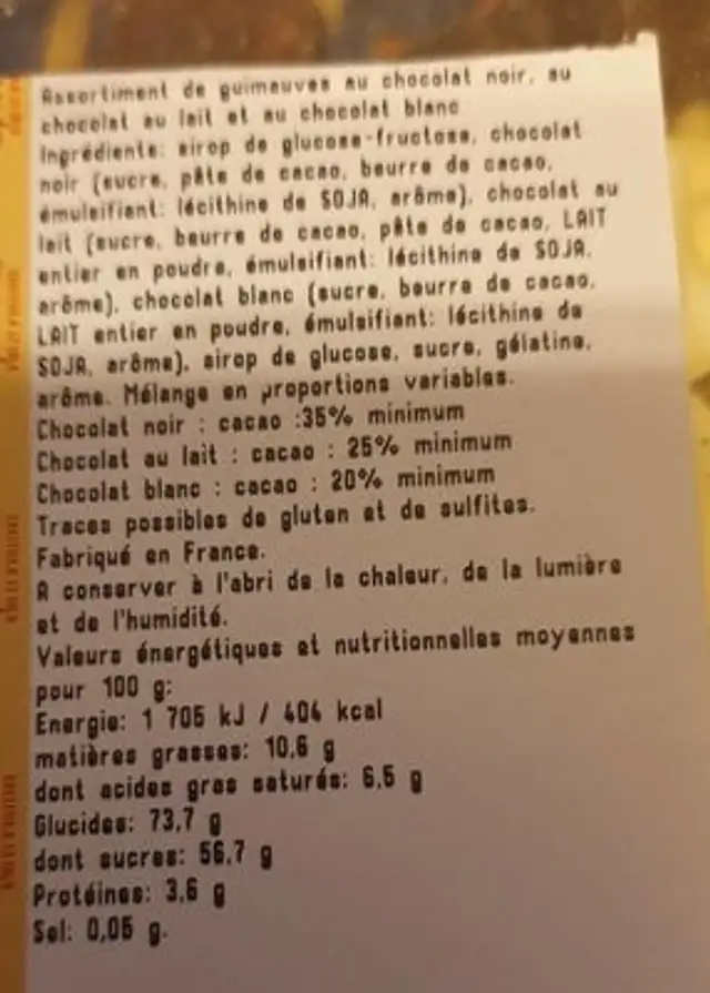 Guimauve lait ingredients label