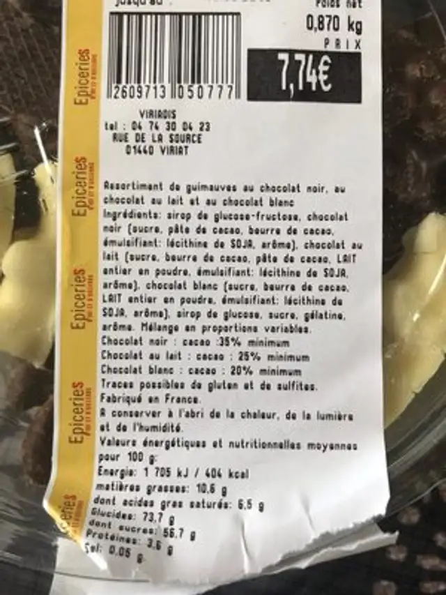 Guimauve lait ingredients label
