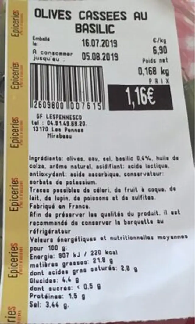 Olive nutrition facts table