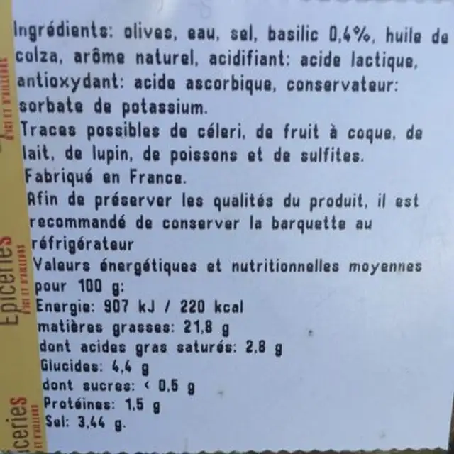 Olives cassées au basilic ingredients label