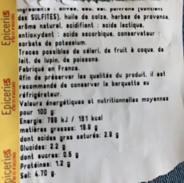Melange d'olives dénoyautées ingredients label