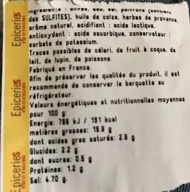 Melange d'olives dénoyautées nutrition facts table