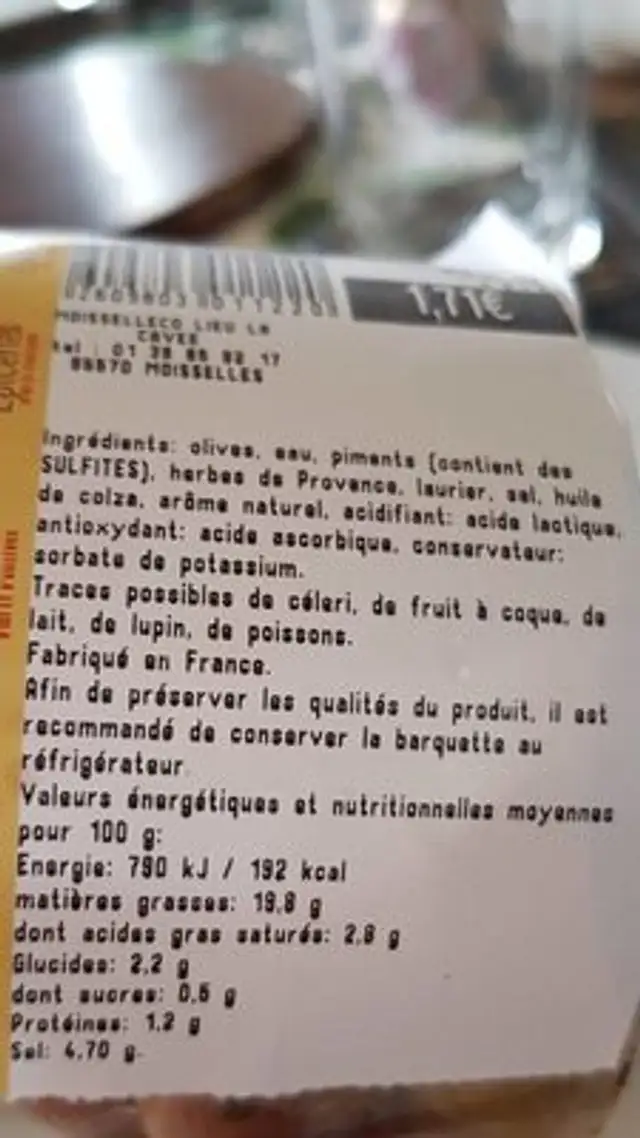 Olives cuisinés à la provençale ingredients label