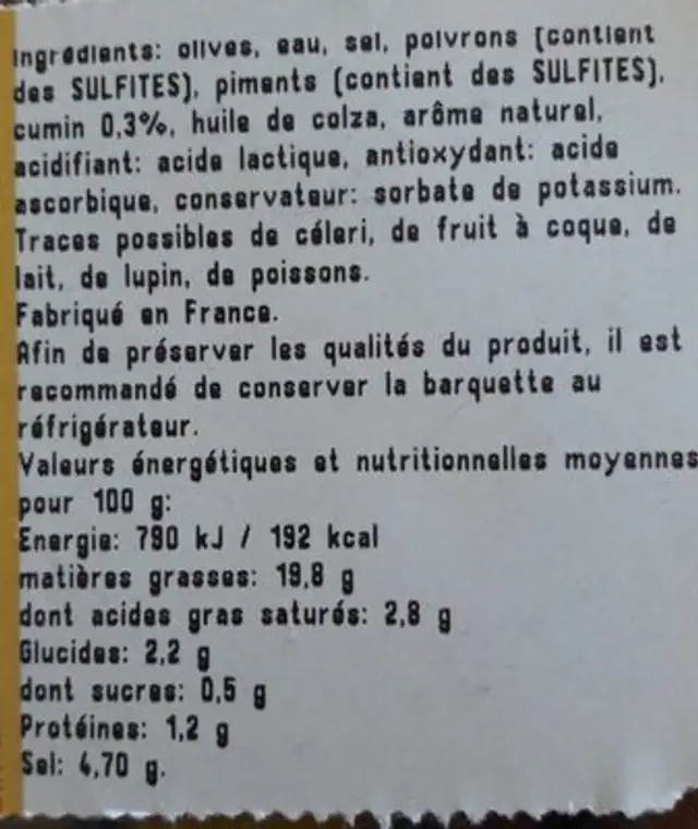 Olives cuisinées au cumin nutrition facts table