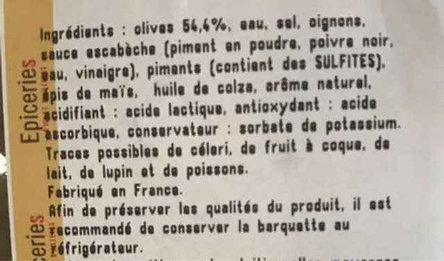 Olive à la mexicaine ingredients label