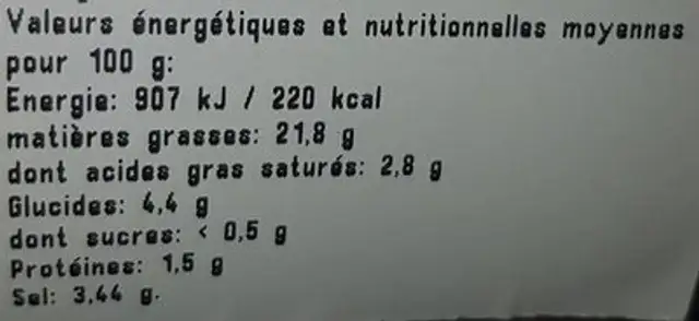 Olives cassées à l'ail nutrition facts table