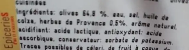 Olives aux herbes de Provence ingredients label