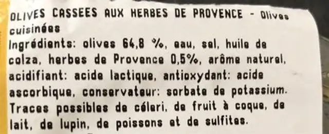 Olives cassées aux herbes de provence ingredients label