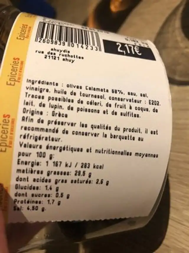 Olives Calamata en saumure ingredients label