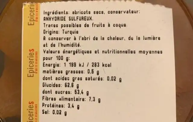 Abricot sec ingredients label