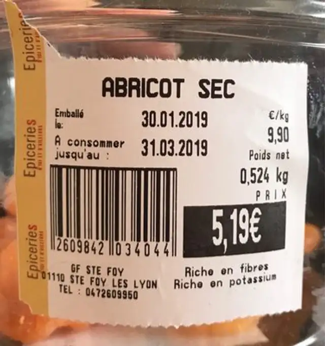 Abricots sec ingredients label