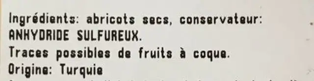 Abricots secs ingredients label