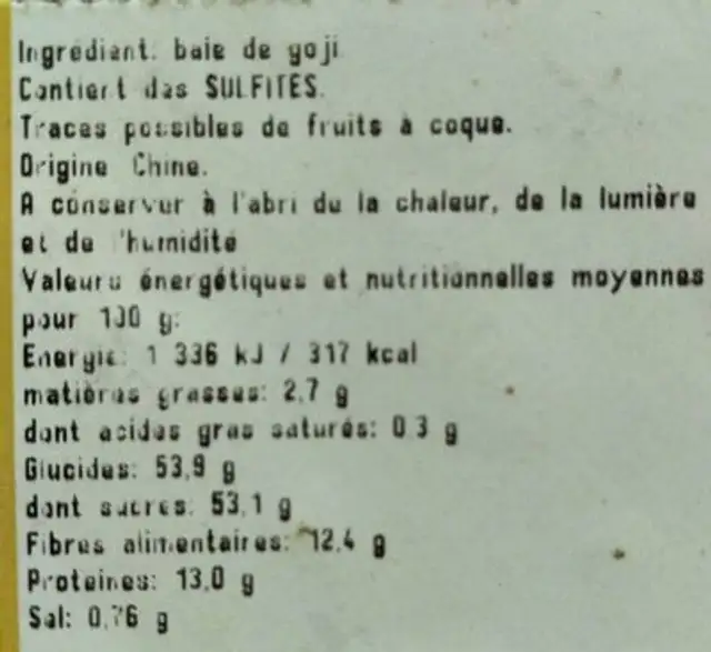Baies de Goji séchées nutrition facts table