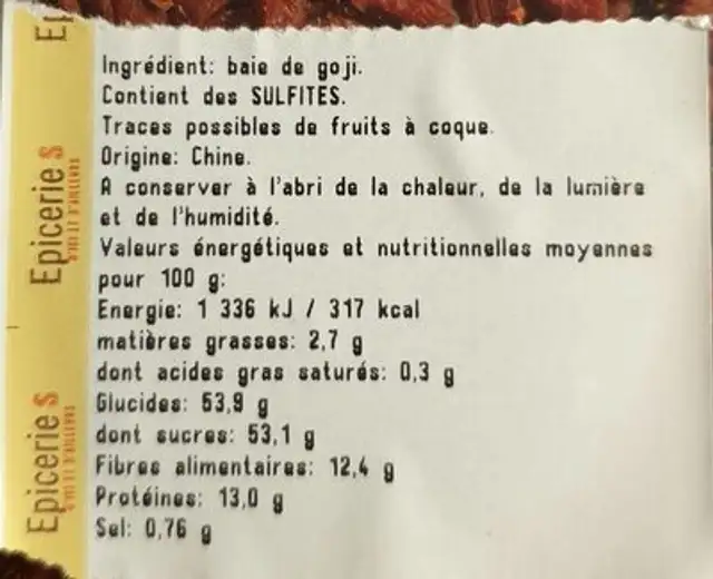 Baies de goji nutrition facts table