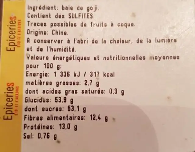 Baies de goji sechées nutrition facts table