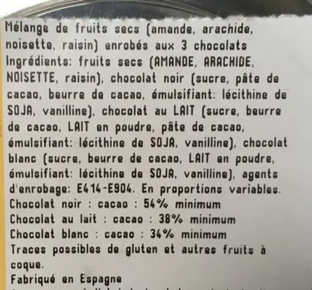 Choco mix ingredients label