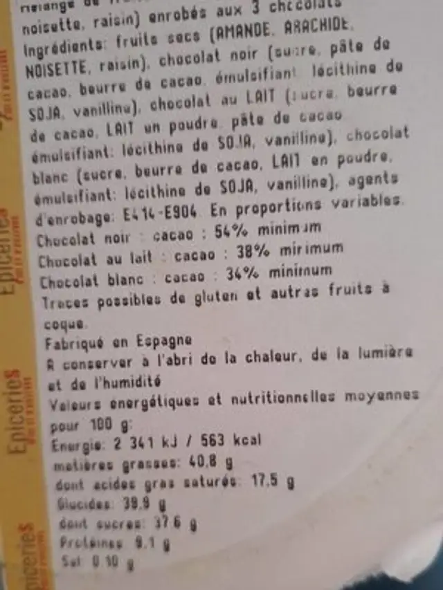Choco mix ingredients label
