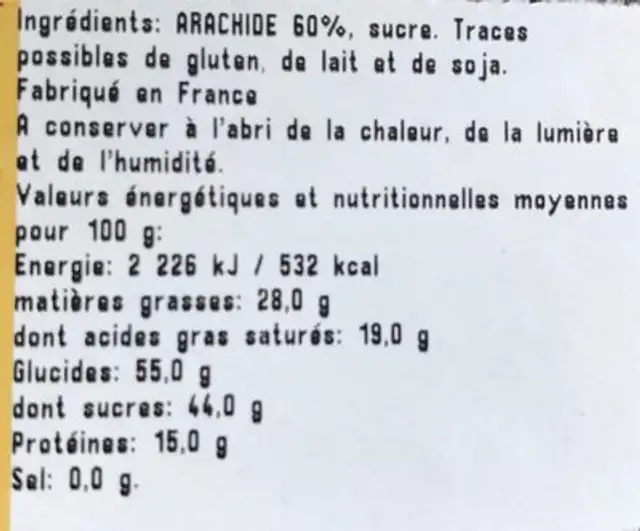 Arachides grillées enrobées de sucre cuit ingredients label