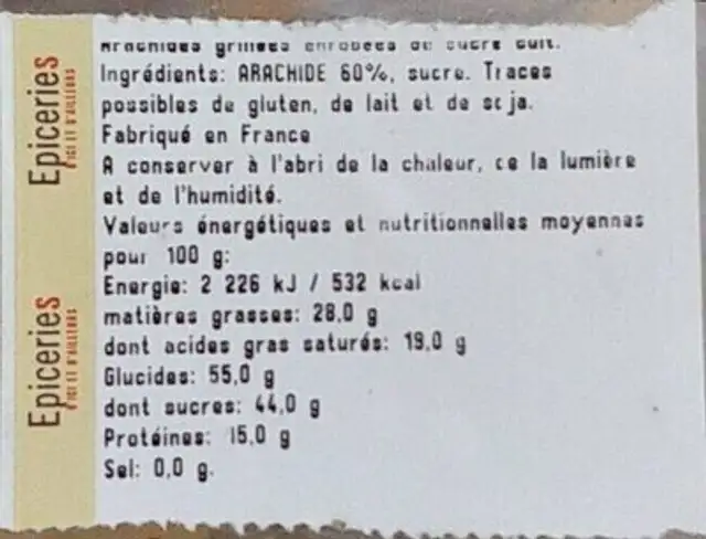 Arachides grillées enrobées de sucre cuit nutrition facts table