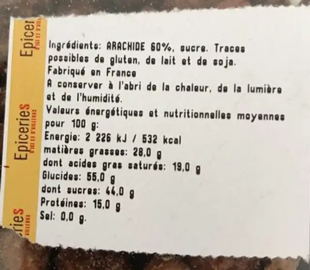 Arachides grillées enrobées de sucre nutrition facts table