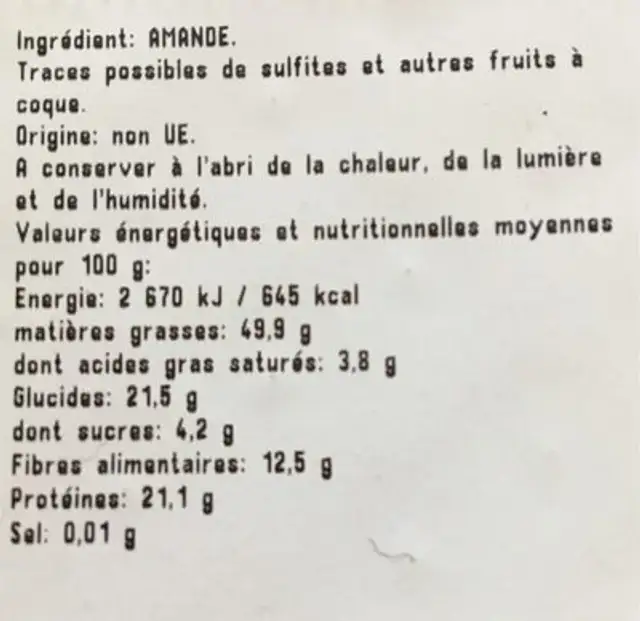 Amande decortiquee nutrition facts table