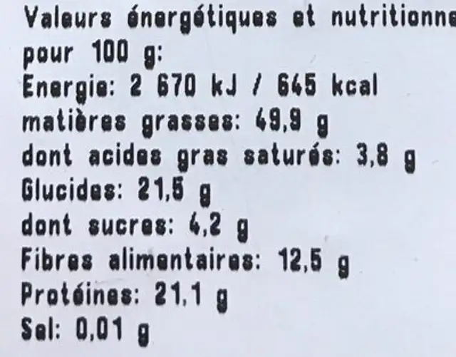 Amandes decortiquées nutrition facts table
