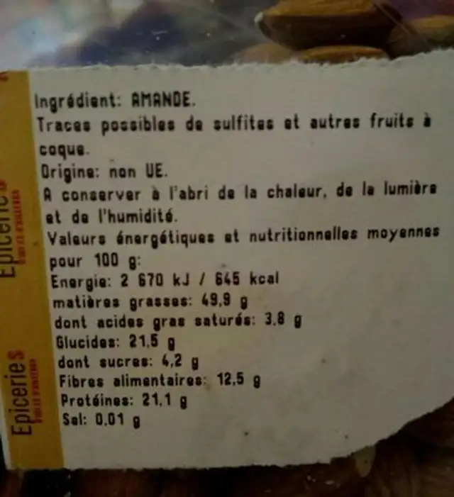 Amande décortiqué nutrition facts table