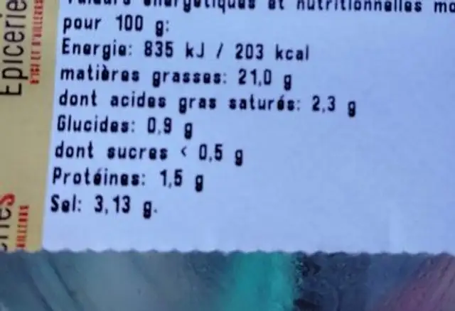 Tapenadine olivade verte nutrition facts table
