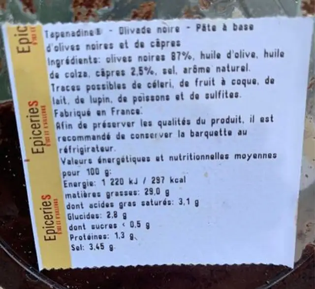 Tapenadine Olivade noire nutrition facts table