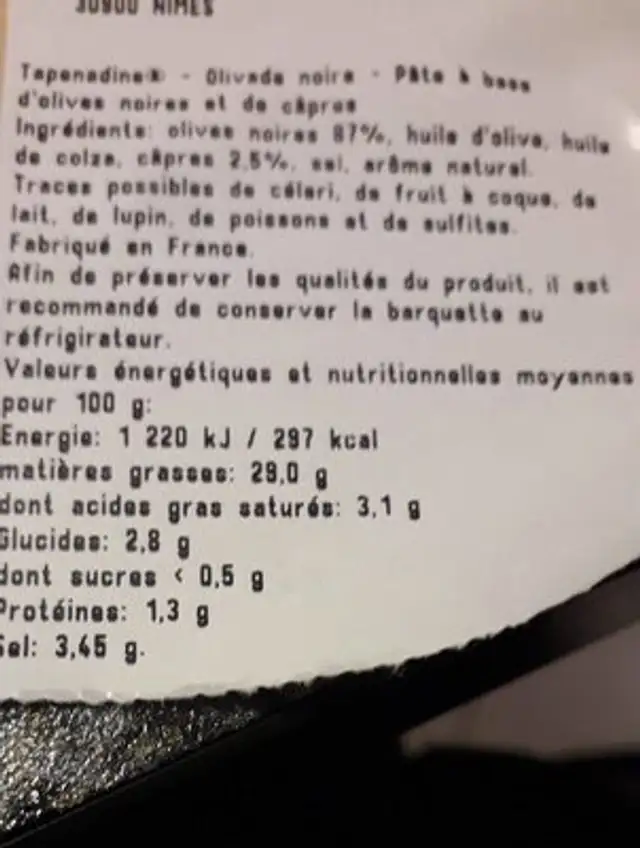 Tapenadine ingredients label
