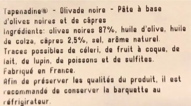 Tapenade Olives Noires ingredients label