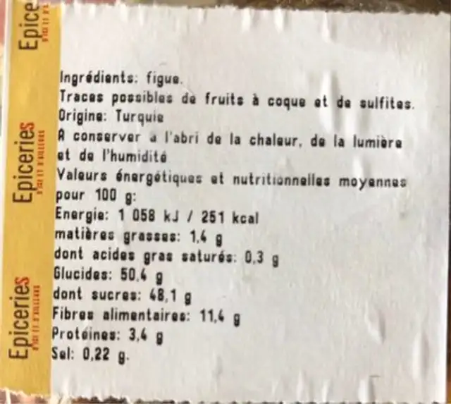 Figue baglama ingredients label