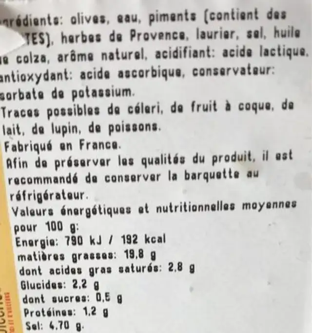 Olives cuisinées à la provençale nutrition facts table
