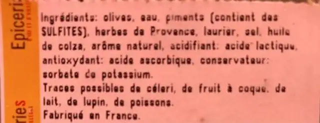 Olives cuisinées ingredients label
