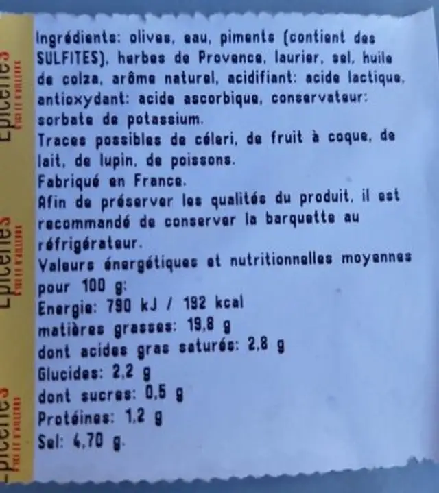 Olives cuisinées à la provençale nutrition facts table