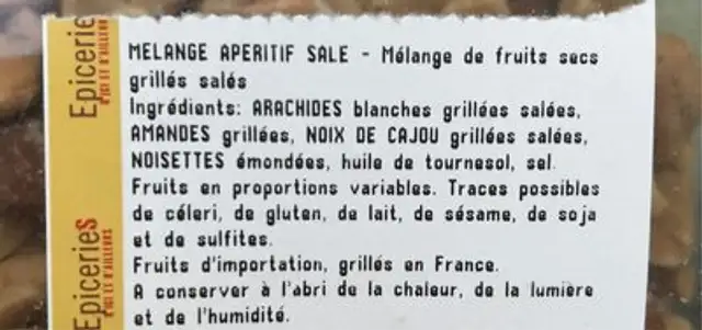Melange aperitif salé ingredients label