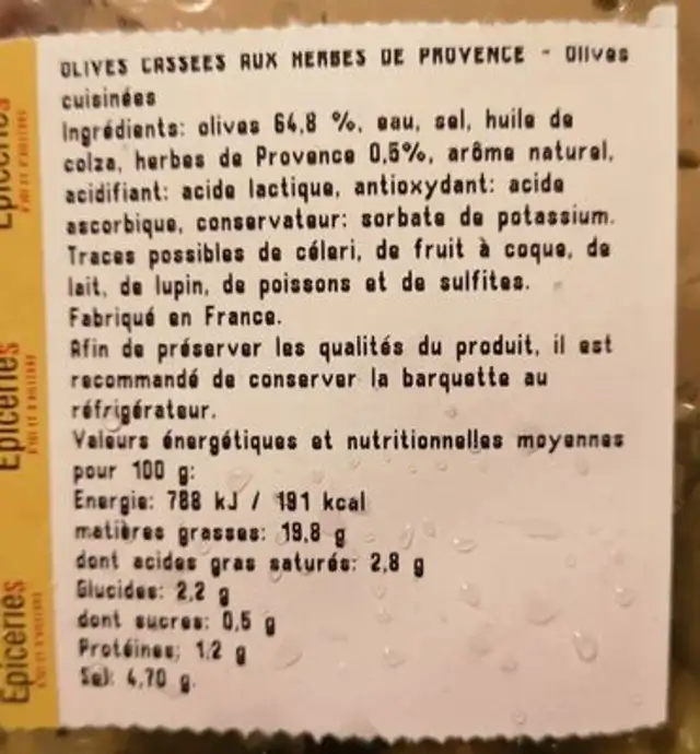Olives aux herbes de Provence ingredients label