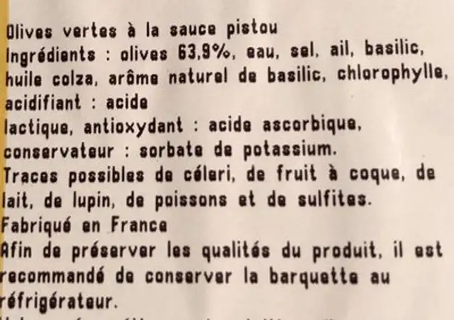 Olives sauce pistou ingredients label