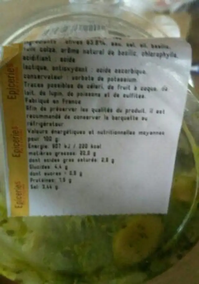 Olives sauce pistou nutrition facts table