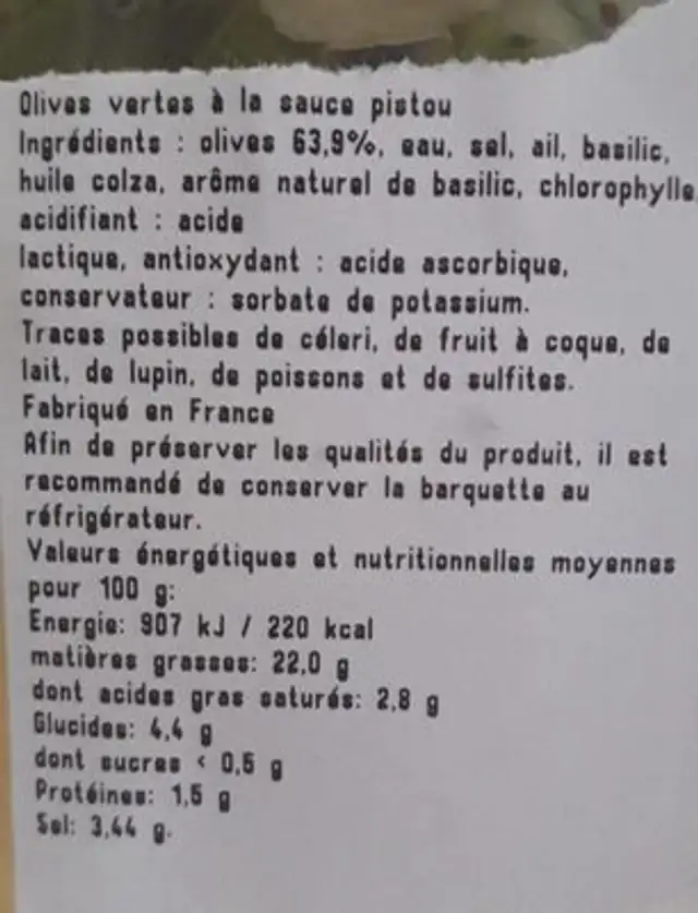 Olive sauce pistou nutrition facts table